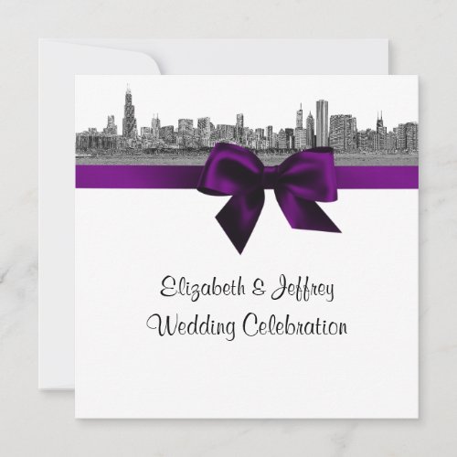 Chicago Skyline Etched BW SQ Purple Wedding Custom Invitation