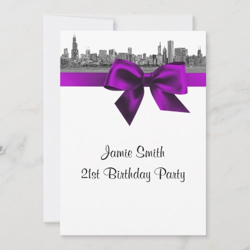 Chicago Skyline Etched BW Violet Birthday Party Card