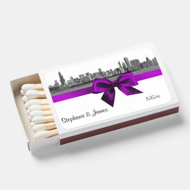 Chicago Skyline Etched BW Violet Matchboxes (Front Open)