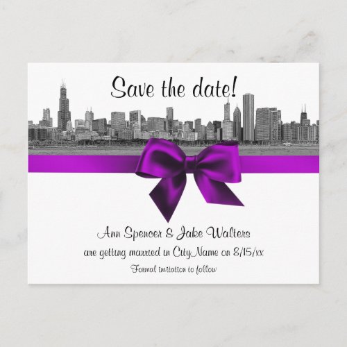 Chicago Skyline Etched BW Violet Save the Date Announcement Postcard