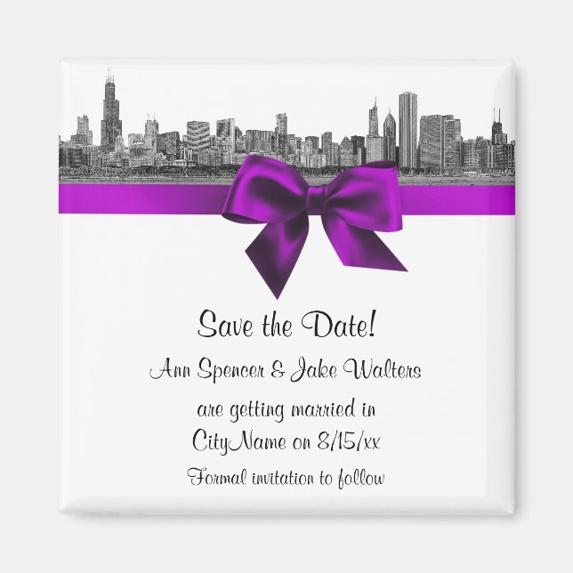 Chicago Skyline Etched BW Violet Save the Date Magnet (Front)