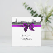 Chicago Skyline Etched BW Violet SQ Baby Shower S Invitation (Standing Front)