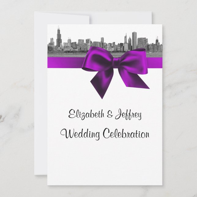 Chicago Skyline Etched BW Violet Wedding Invitation (Front)