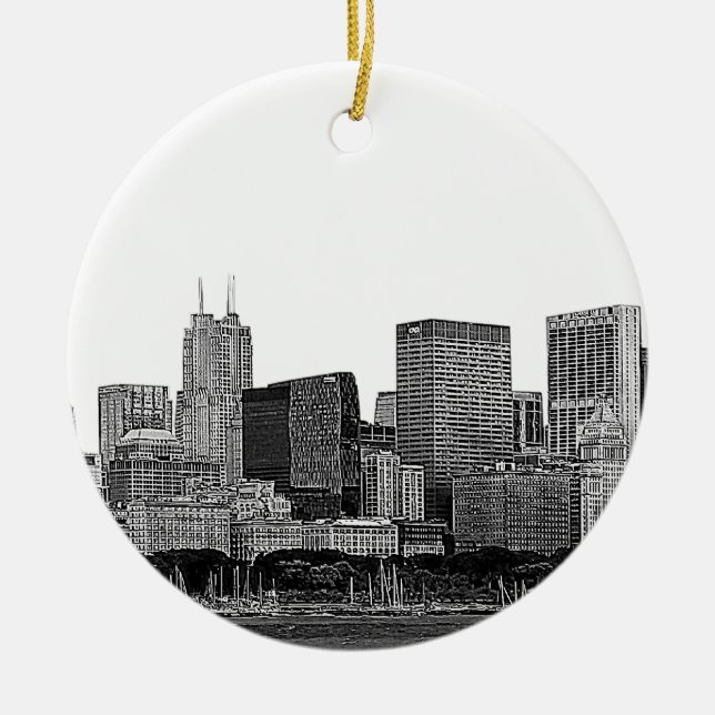 Chicago Skyline Etched Ceramic Ornament (Front)
