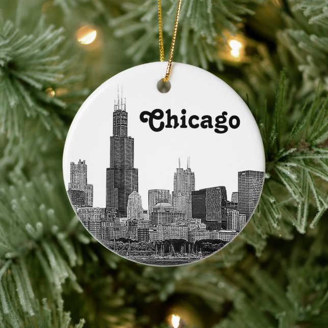 Chicago Skyline Etched Ceramic Ornament (Tree)