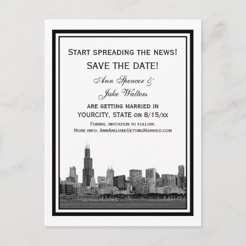Chicago Skyline Etched Framed Save the Date Announcement Postcard