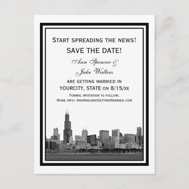 Chicago Skyline Etched Framed Save the Date Announcement Postcard (Front)