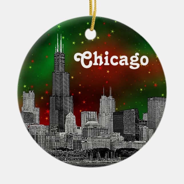 Chicago Skyline Etched, Green Red Starry Sky Xmas Ceramic Ornament (Front)