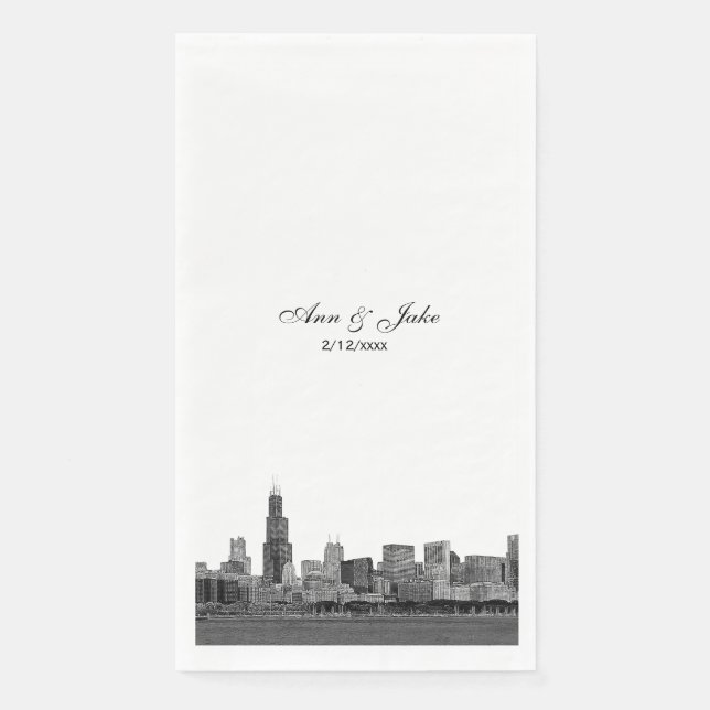 Chicago Skyline Etched Look Skyline Wedding Paper Guest Towels (Front)