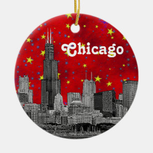 Chicago Skyline Etched, Red Starry Sky Ceramic Ornament