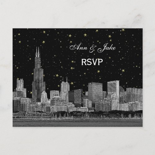 Chicago Skyline Etched Starry DIY BG RSVP 1 Invitation Postcard