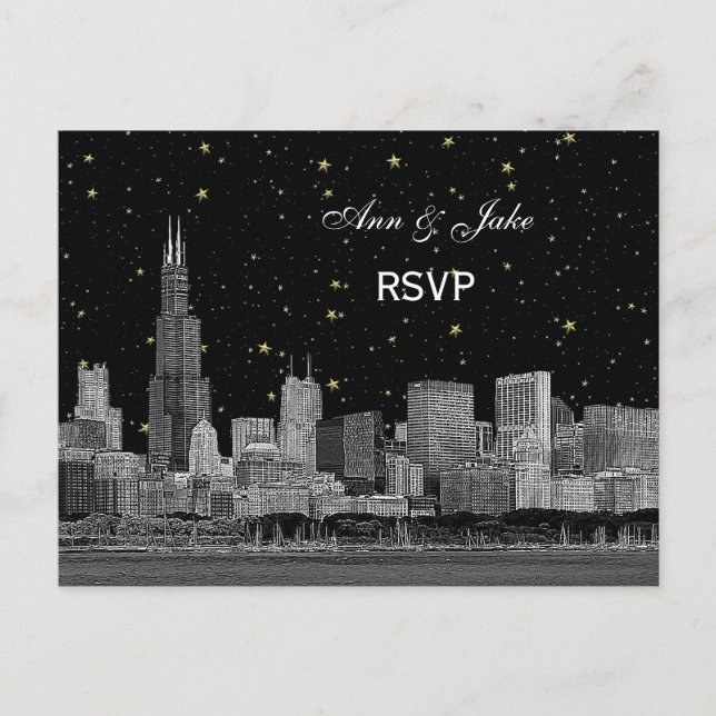 Chicago Skyline Etched Starry DIY BG RSVP 1 Invitation Postcard (Front)