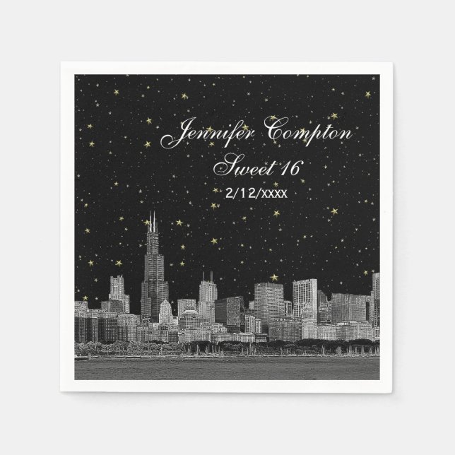 Chicago Skyline Etched Starry DIY BG Sweet 16 Paper Napkins (Front)