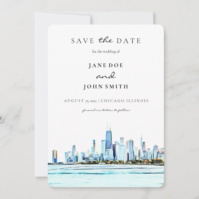 Chicago Skyline flat Save The Date Card (Front)