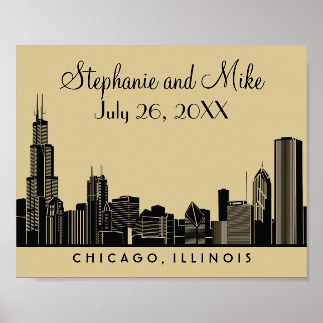 Chicago Skyline Gold Wedding Reception Welcome Poster (Front)