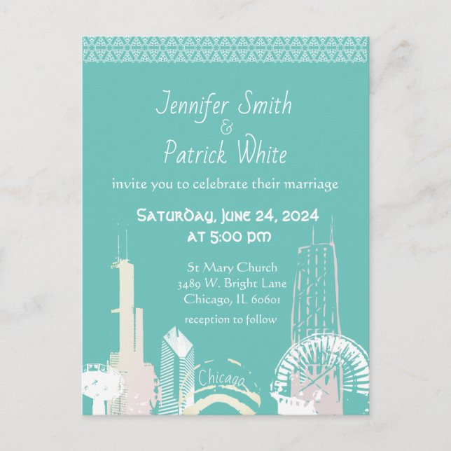 Chicago Skyline green and pastel  wedding Invitati Invitation Postcard (Front)