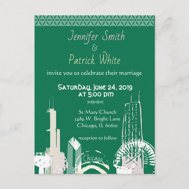 Chicago Skyline green and pastel  wedding Invitation Postcard (Front)