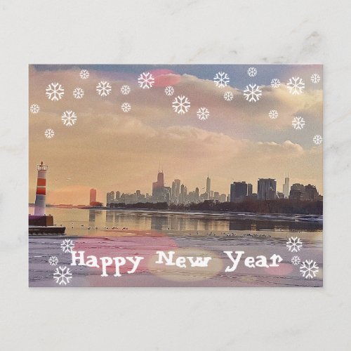 Chicago skyline Happy New Year postcard