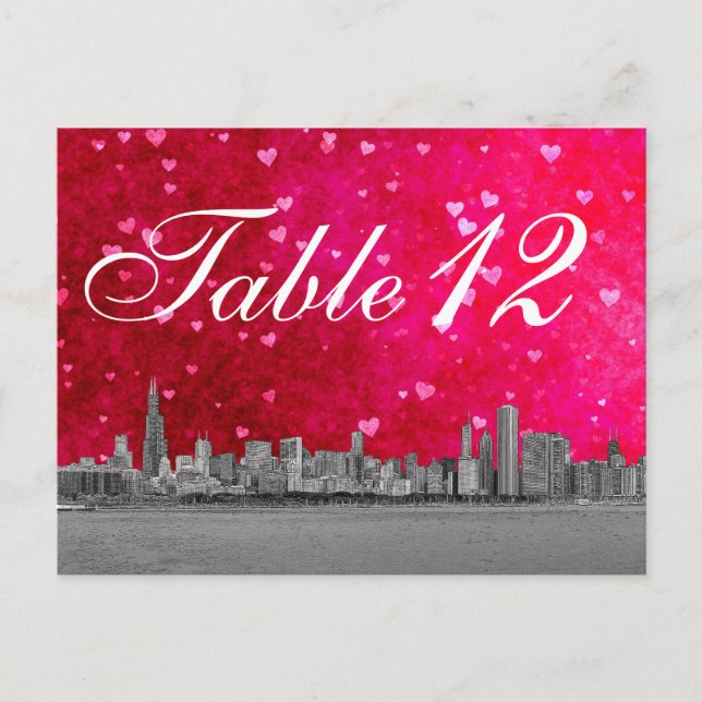 Chicago Skyline Hot Pink Red Heart Table Number (Front)
