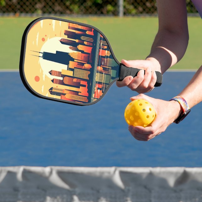 Chicago Skyline Illustration in Orange Pickleball Paddle (Insitu)