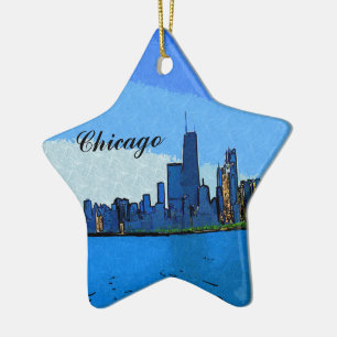 Chicago Skyline in Collage Paint Ceramic Ornament