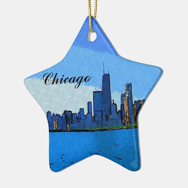 Chicago Skyline in Collage Paint Ceramic Ornament (Left)