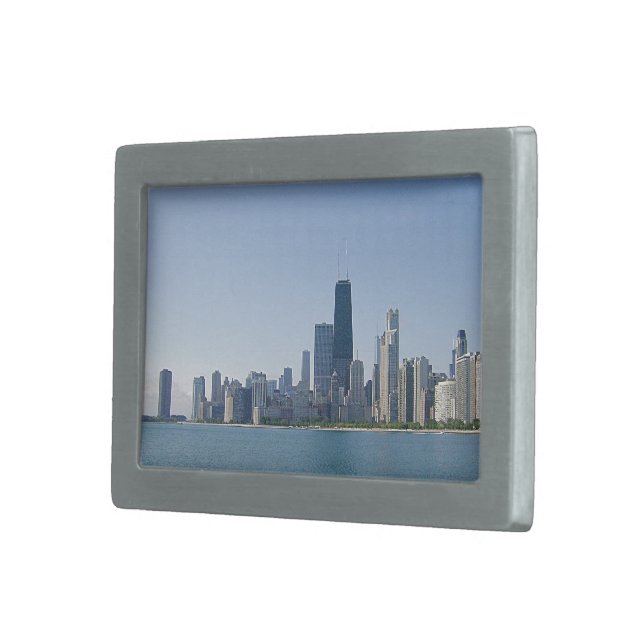 Chicago Skyline in Deeper Blues Rectangular Belt Buckle (Front Right)