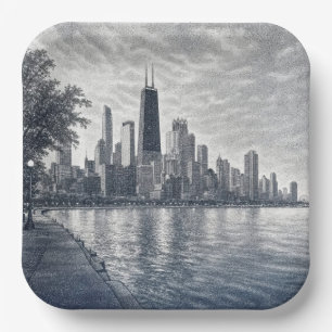 Chicago Skyline in Pointillist Art Paper Plates
