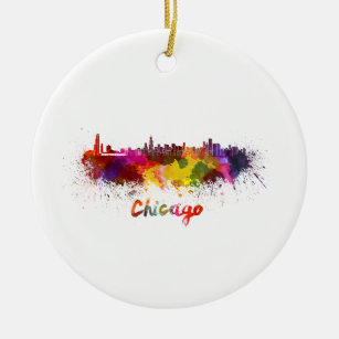 Chicago skyline in watercolor ceramic ornament