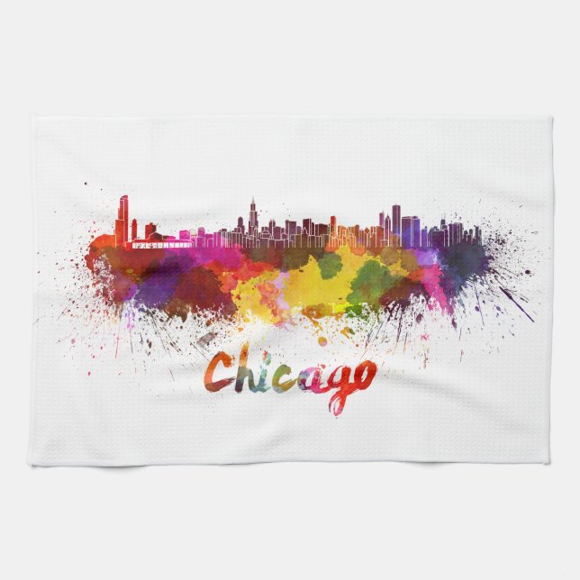 Chicago skyline in watercolor kitchen towel (Horizontal)