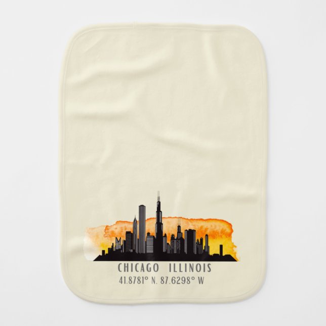 Chicago Skyline Latitude & Longitude Baby Burp Cloth (Front)