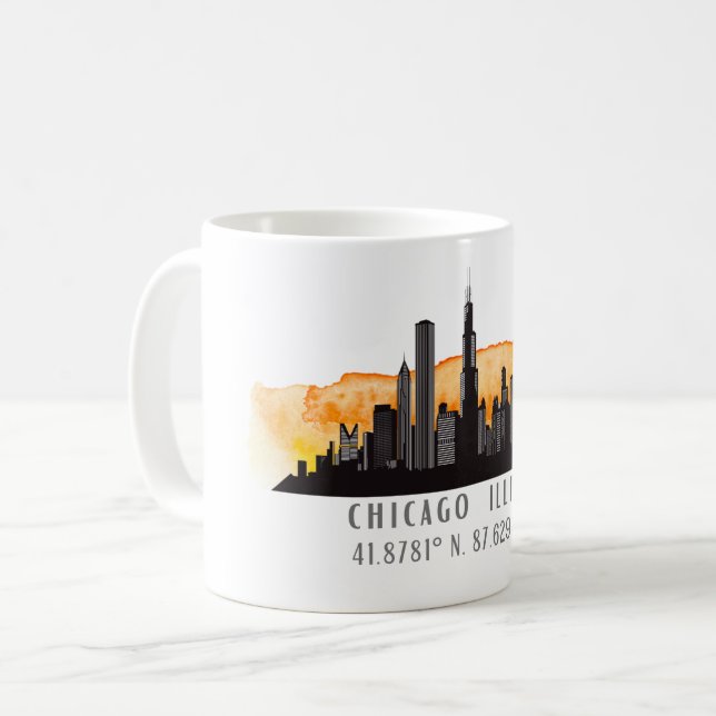 Chicago Skyline Latitude & Longitude Coffee Mug (Front Left)