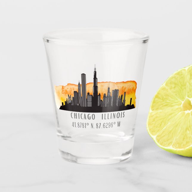Chicago Skyline Latitude & Longitude Shot Glass (Front)
