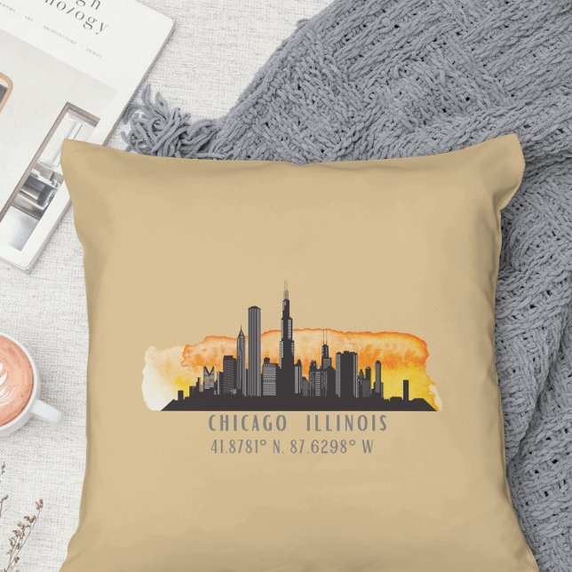 Chicago Skyline Latitude & Longitude Throw Pillow (Creator Uploaded)