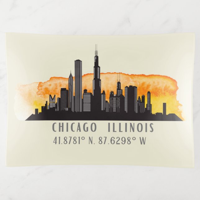 Chicago Skyline Latitude & Longitude Trinket Tray (Front)