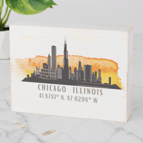 Chicago Skyline Latitude  Longitude Wooden Box Sign