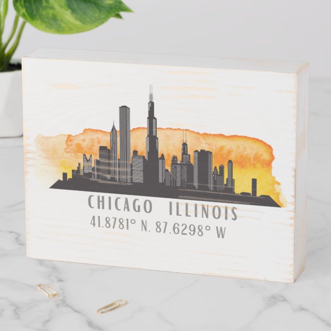 Chicago Skyline Latitude & Longitude Wooden Box Sign (In Situ Horizontal)