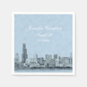Chicago Skyline Light Blue BG Sweet 16 Paper Napkins