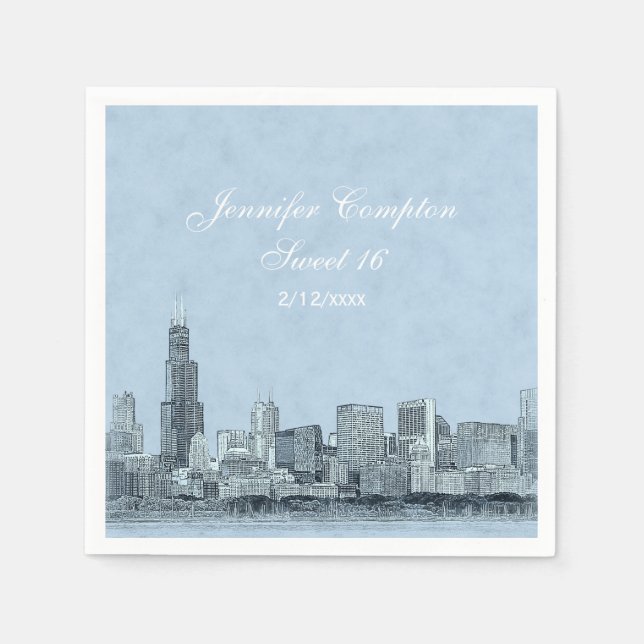 Chicago Skyline Light Blue BG Sweet 16 Paper Napkins (Front)