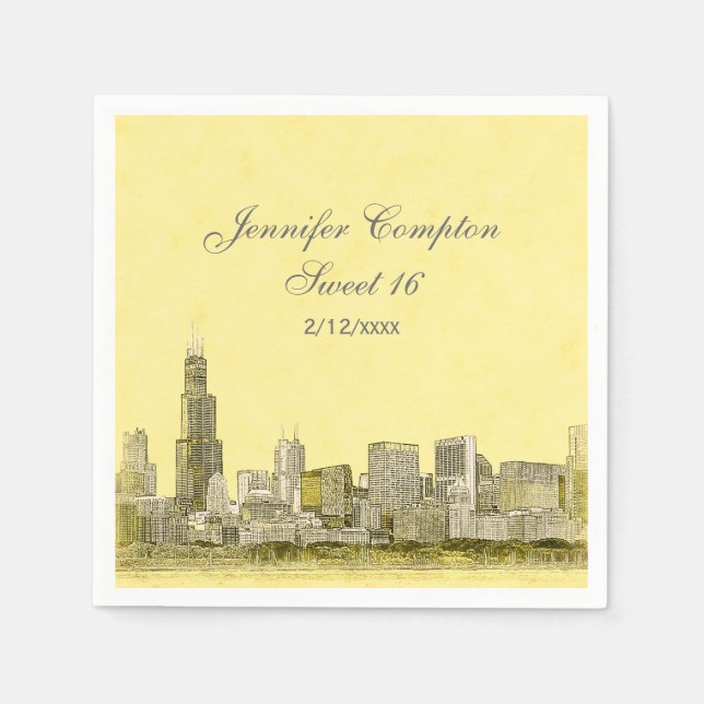 Chicago Skyline Light Yellow BG Sweet 16 Paper Napkins (Front)