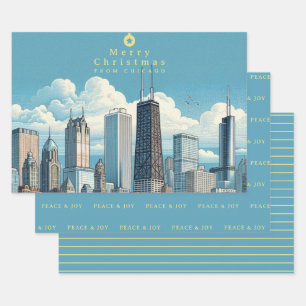 Chicago Skyline Merry Christmas Holiday Wrapping Paper Sheets