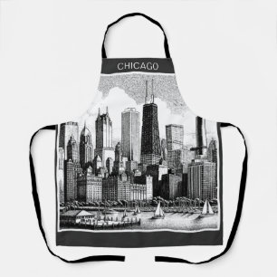 Chicago Skyline Modern Black White Apron