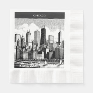 Chicago Skyline Modern Black White Napkins