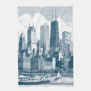 Chicago Skyline Modern Blue White Kitchen Towel