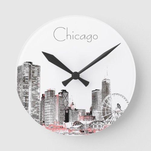 Chicago Skyline modern grey  pink design Round Clock