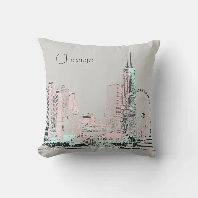 Chicago Skyline modern grey pink mint Throw Pillow Zazzle