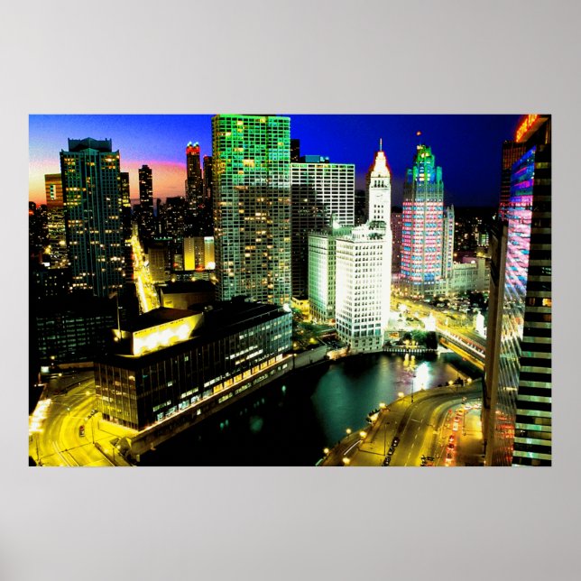 Chicago Skyline Nightime Poster (Front)
