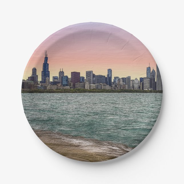 Chicago Skyline Painterly Paper Plates (Front)