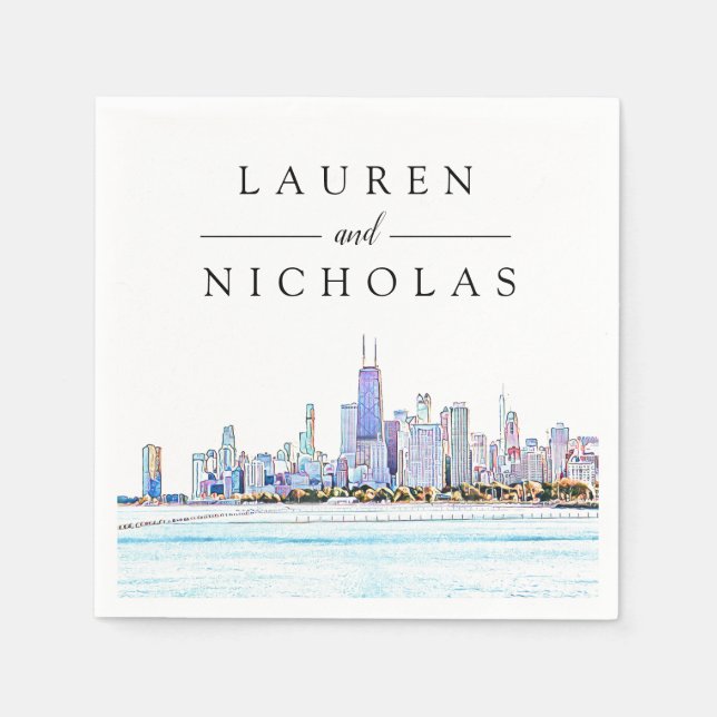 Chicago Skyline Personalized Wedding Napkins (Front)