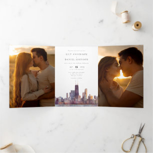 Chicago Skyline QR Code 3 Photo Wedding Tri-Fold Invitation
